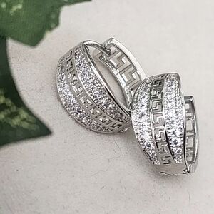 Silver Huggie Hoop Earrings Greek Key CZ Design